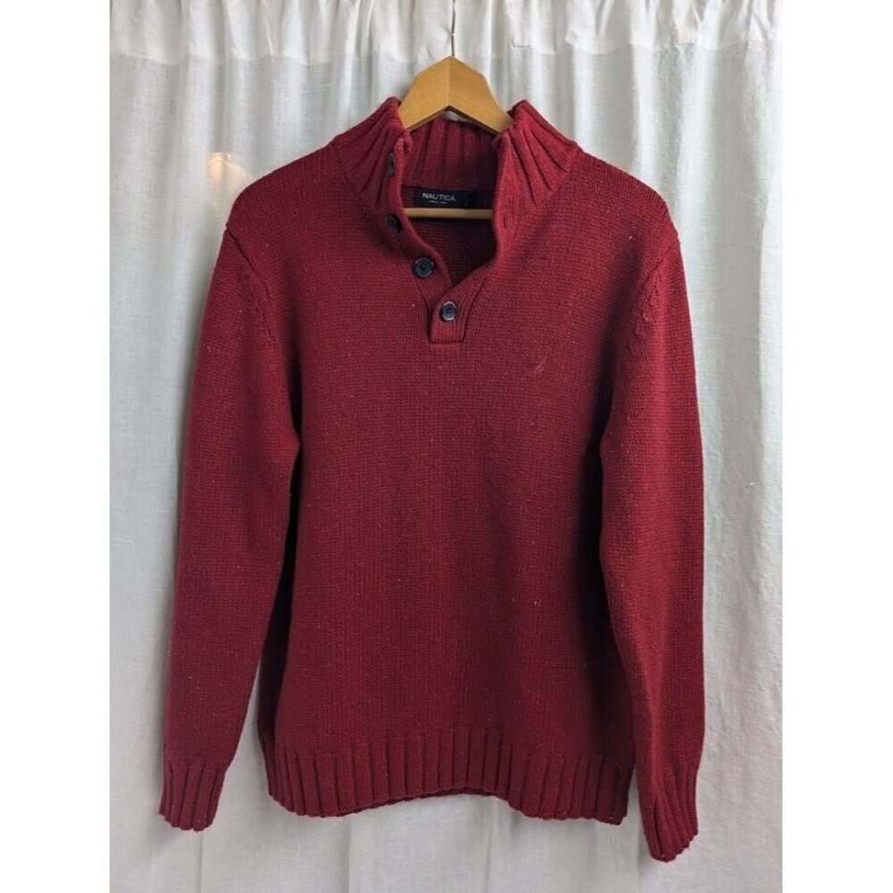 Nautica Mens Large collared 4 button sweater red speckled wool blend warm SW7